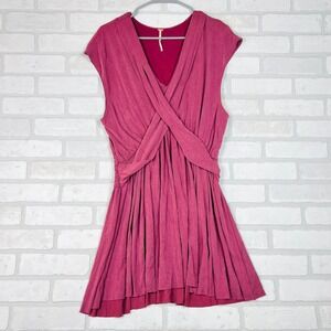 Free People Berry‎ Pink Ruched Waist Faux Wrap V Neck Cap Sleeve Mini Dress S